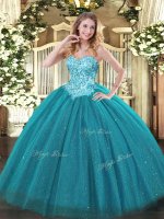 Fitting Teal Ball Gowns Appliques Vestidos de Quinceanera Lace Up Tulle and Sequined Sleeveless Floor Length(SKU SJQDDT1158002-1BIZ)