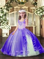 Floor Length Lavender Little Girls Pageant Gowns Straps Sleeveless Lace Up