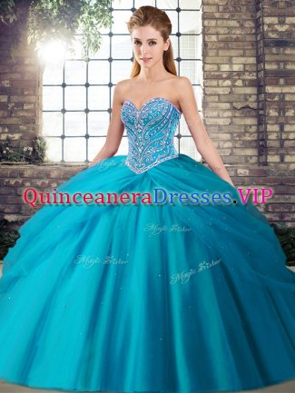 Aqua Blue Ball Gowns Sweetheart Sleeveless Tulle Brush Train Lace Up Beading and Pick Ups Quinceanera Gowns