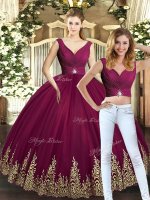 Sumptuous Floor Length Burgundy Sweet 16 Quinceanera Dress Tulle Sleeveless Beading and Appliques