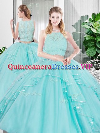 Floor Length Aqua Blue 15th Birthday Dress Tulle Sleeveless Lace and Ruffled Layers