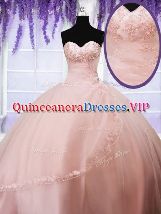 Baby Pink Sweetheart Neckline Beading and Appliques Ball Gown Prom Dress Sleeveless Lace Up