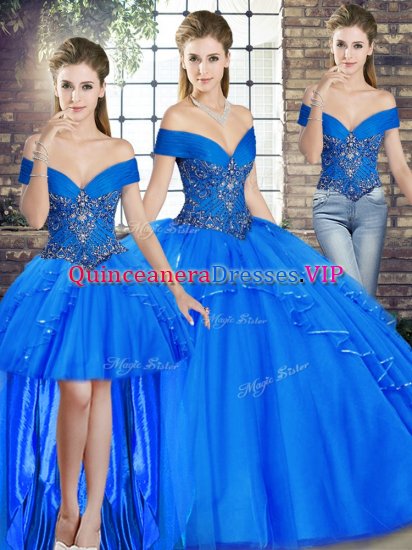 Perfect Royal Blue Lace Up Off The Shoulder Beading and Ruffles Ball Gown Prom Dress Tulle Sleeveless - Click Image to Close