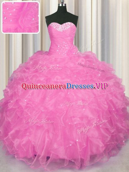 Rose Pink Ball Gowns Organza Sweetheart Sleeveless Beading and Ruffles Floor Length Lace Up 15th Birthday Dress - Click Image to Close