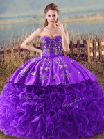 Most Popular Sweetheart Sleeveless Fabric With Rolling Flowers 15th Birthday Dress Embroidery and Ruffles Brush Train Lace Up