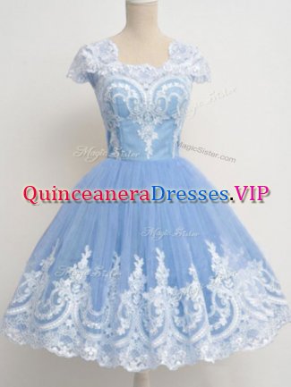 Sumptuous Square Cap Sleeves Zipper Quinceanera Court Dresses Light Blue Tulle