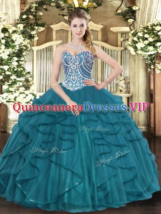 Dazzling Sleeveless Lace Up Floor Length Beading and Ruffles 15th Birthday Dress