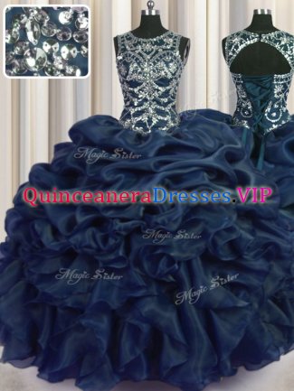 Flare Pick Ups Floor Length Navy Blue Sweet 16 Quinceanera Dress Scoop Sleeveless Lace Up