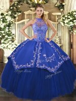 Blue Quinceanera Dresses Sweet 16 and Quinceanera with Beading and Embroidery Halter Top Sleeveless Lace Up