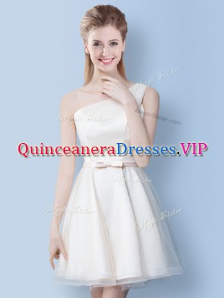 Hot Selling One Shoulder White Tulle Lace Up Damas Dress Sleeveless Knee Length Bowknot