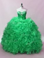 Cute Green Fabric With Rolling Flowers Lace Up Quince Ball Gowns Sleeveless Floor Length Sequins