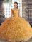 Fitting Gold Ball Gowns Beading Sweet 16 Dress Lace Up Fabric With Rolling Flowers Sleeveless Floor Length