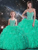 Best Turquoise Lace Up Vestidos de Quinceanera Beading and Ruffles Sleeveless Floor Length