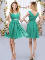 Top Selling Turquoise Zipper V-neck Belt Quinceanera Dama Dress Chiffon Sleeveless