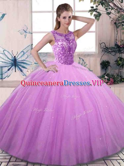 Modest Scoop Sleeveless Quince Ball Gowns Floor Length Beading Lilac Tulle - Click Image to Close