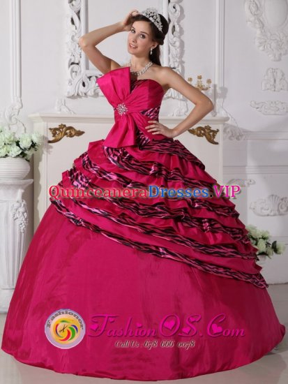 Bowknot Beaded Decorate Zebra and Taffeta Hot Pink Ball Gown For In Shawnee Oklahoma/OK - Click Image to Close