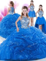 Sophisticated Four Piece Royal Blue High-neck Neckline Beading and Pick Ups Sweet 16 Quinceanera Dress Sleeveless Zipper