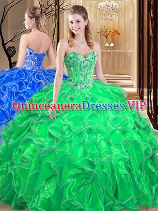 Ball Gowns Quince Ball Gowns Green Sweetheart Organza Sleeveless Floor Length Lace Up