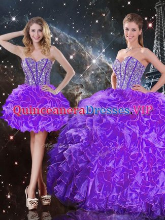 Inexpensive Eggplant Purple Sleeveless Organza Lace Up Quinceanera Gowns for Military Ball and Sweet 16 and Quinceanera