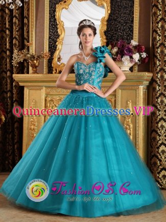 McComb Mississippi/MS Stunning A-Line / Princess Turquoise One Shoulder Quinceanera Gowns With Tulle Beaded Decorate