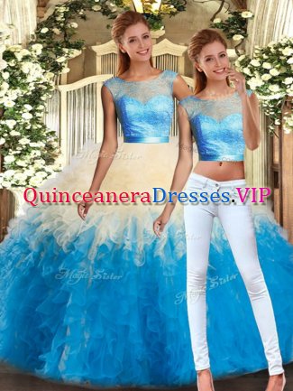 Scoop Sleeveless 15 Quinceanera Dress Floor Length Lace and Ruffles Multi-color Organza