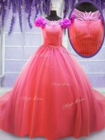 Great Scoop Watermelon Red Short Sleeves Tulle Court Train Lace Up 15th Birthday Dress for Military Ball and Sweet 16 and Quinceanera