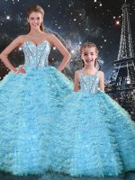 Custom Design Floor Length Lace Up Sweet 16 Dress Light Blue for Military Ball and Sweet 16 and Quinceanera with Beading and Ruffles