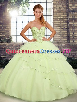 Comfortable Sleeveless Brush Train Lace Up Beading and Ruffled Layers Sweet 16 Quinceanera Dress