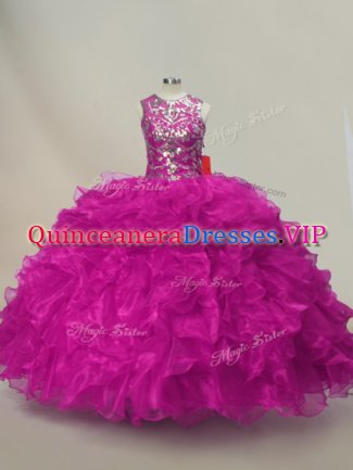 Dazzling Fuchsia Sleeveless Organza Lace Up Quinceanera Dresses for Sweet 16 and Quinceanera