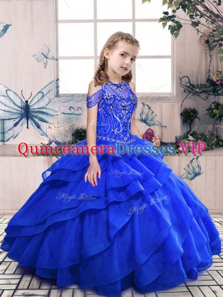 Royal Blue Organza Lace Up Scoop Sleeveless Floor Length Girls Pageant Dresses Beading