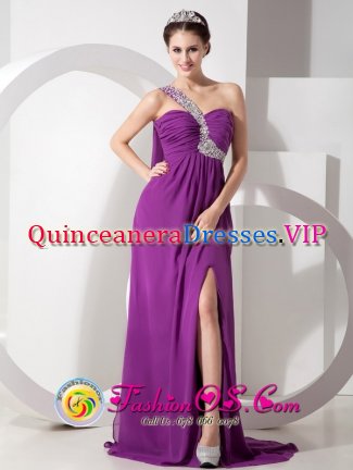 Lahaina Hawaii/HI Purple Empire One Shoulder Brush Train High Slit Chiffon Beading and Ruch Quinceanera DamaDress