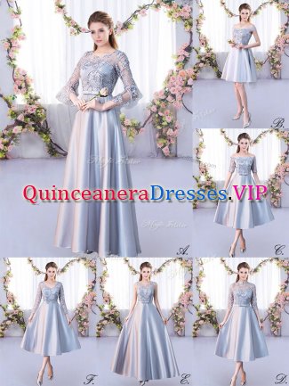 Silver 3 4 Length Sleeve Lace Floor Length Quinceanera Dama Dress