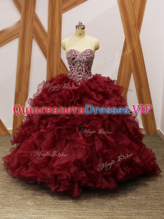 Dazzling Burgundy Organza Lace Up Sweetheart Sleeveless Quinceanera Dress Brush Train Beading and Ruffles