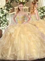 Champagne Quince Ball Gowns Military Ball and Sweet 16 and Quinceanera with Beading and Ruffles Sweetheart Long Sleeves Lace Up