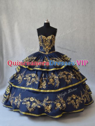 Extravagant Navy Blue Sweetheart Neckline Embroidery and Ruffled Layers Quinceanera Gowns Sleeveless Lace Up