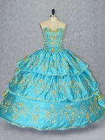 Artistic Satin and Organza Sweetheart Sleeveless Lace Up Embroidery and Ruffled Layers Sweet 16 Dress in Baby Blue