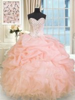 Baby Pink Ball Gowns Sweetheart Sleeveless Organza Floor Length Lace Up Beading and Ruffles Sweet 16 Quinceanera Dress