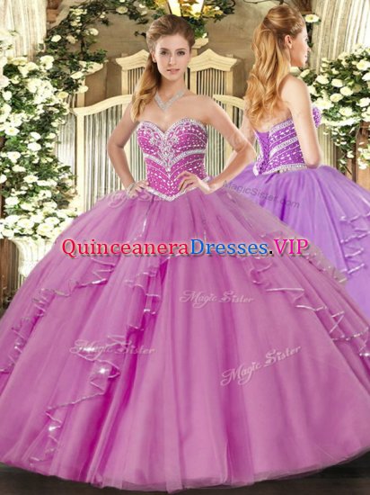 Lilac Ball Gowns Sweetheart Sleeveless Tulle Floor Length Lace Up Beading and Ruffles Sweet 16 Dress - Click Image to Close