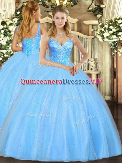 Aqua Blue Lace Up Sweet 16 Quinceanera Dress Beading Sleeveless Floor Length - Click Image to Close