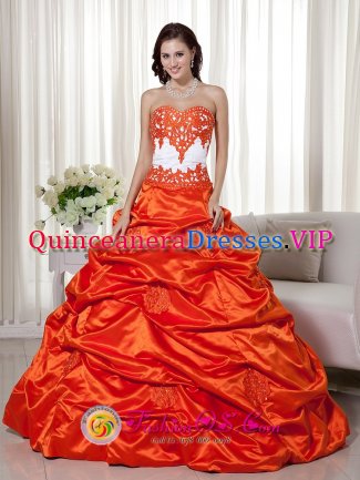 Classical Appliques Decorate Bodice Orange Red A-line Sweetheart Floor-length Taffeta Bisbee AZ Quinceanera Dress