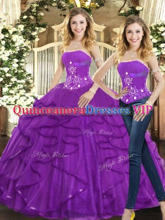 Purple Lace Up Strapless Beading and Ruffles Ball Gown Prom Dress Tulle Sleeveless