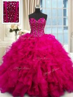 Captivating Fuchsia Sweetheart Lace Up Beading and Ruffles and Sequins 15th Birthday Dress Sleeveless