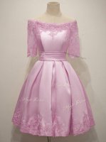 Lilac Taffeta Lace Up Damas Dress Half Sleeves Knee Length Lace