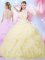 Light Yellow Organza Lace Up High-neck Sleeveless Floor Length Vestidos de Quinceanera Beading and Ruffles and Pick Ups