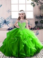 Sleeveless Tulle Floor Length Lace Up Little Girl Pageant Dress in with Beading and Ruffles