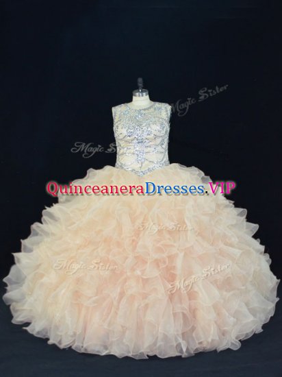 Elegant Floor Length Champagne Sweet 16 Dress Organza Sleeveless Beading and Ruffles - Click Image to Close